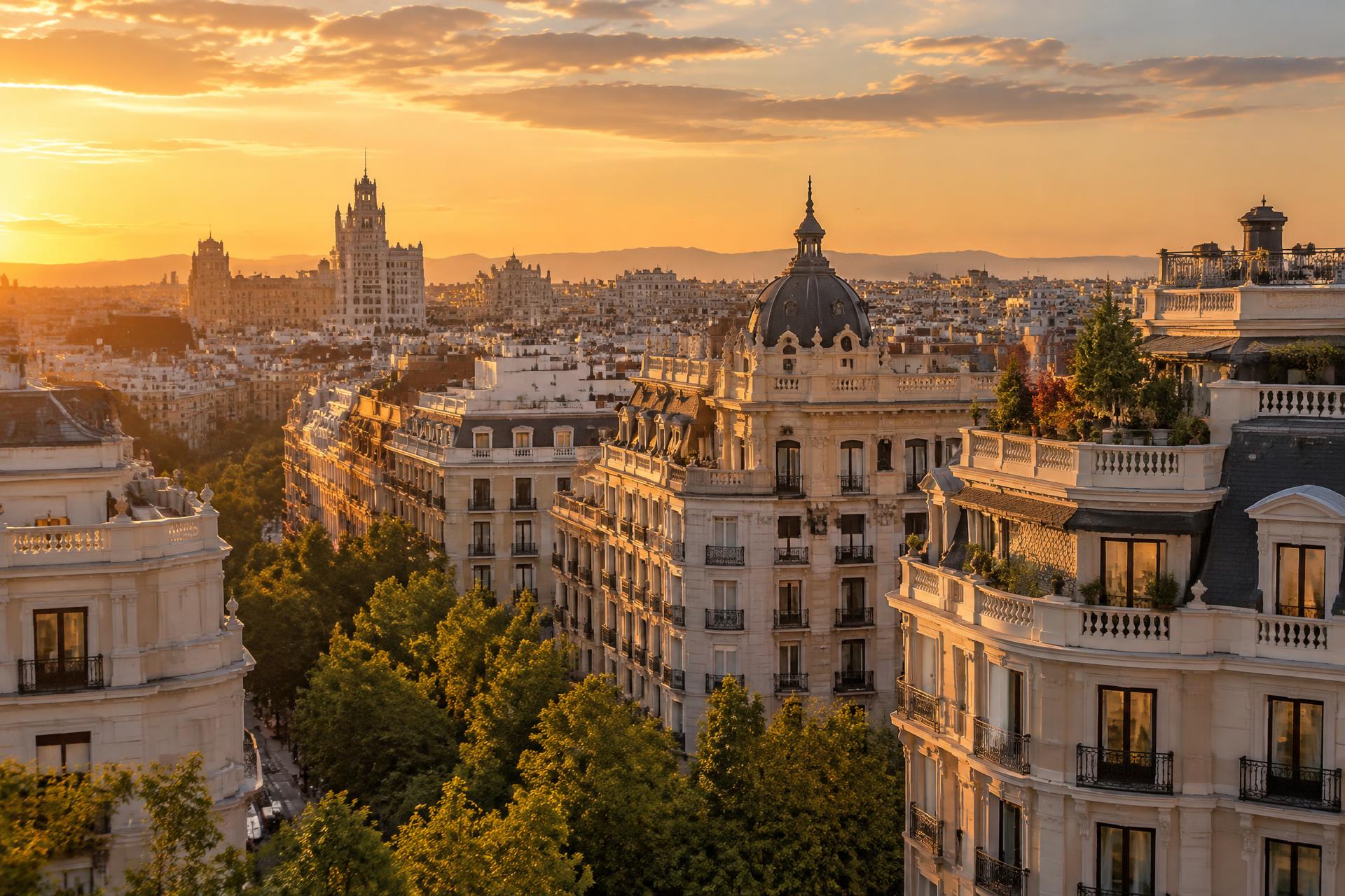 Vista de los edificios señoriales de Madrid al atardecer